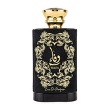 Zwart rechthoekig parfumflesje met goudkleurige ornamenten en dop labeled wafa eau de parfum van ard al zaafaran