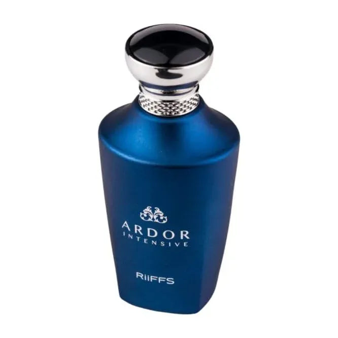 Blue Ardor Intensive parfumfles met zilveren en zwarte dop, luxe geurervaring