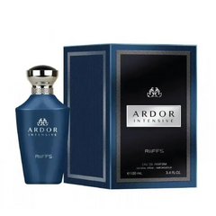 Ardor Intensive parfumfles met donkerblauwe kleur, zilveren dop en bijpassende doos