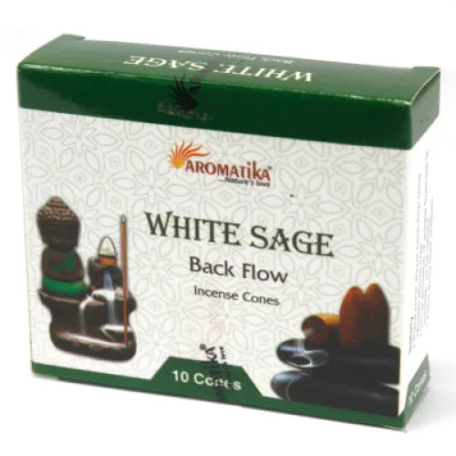 Box of Aromatika Backflow Incense Cones with White Sage aroma designed for relaxation