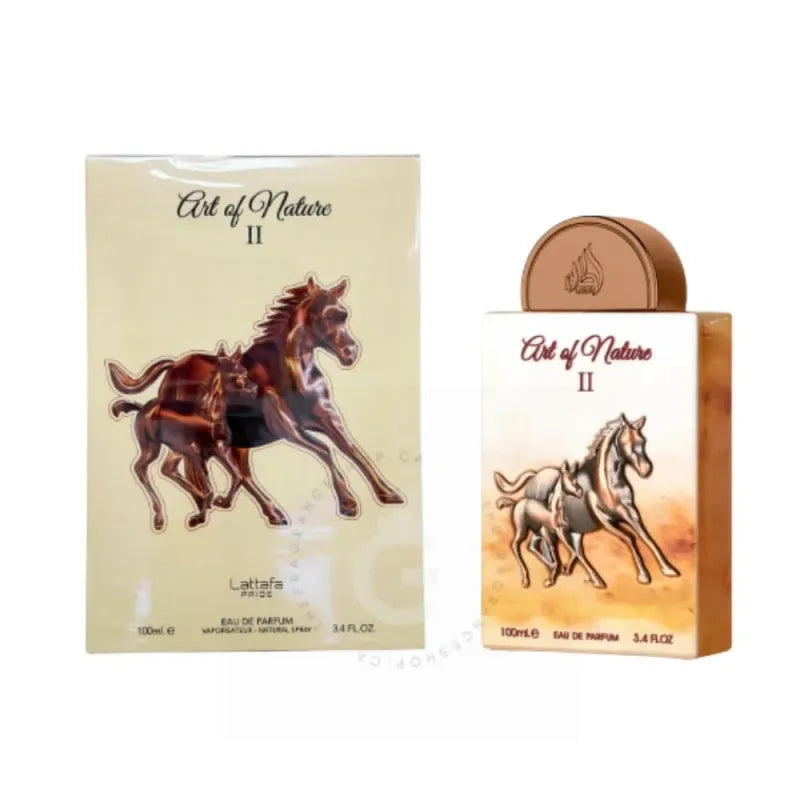 Lattafa Pride Art of Nature 2 parfumfles met renpaard en gouden dop