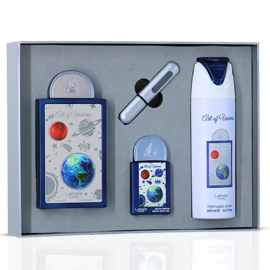 Lattafa art of universe men’s fragrance gift set with blue and white celestial design packaging