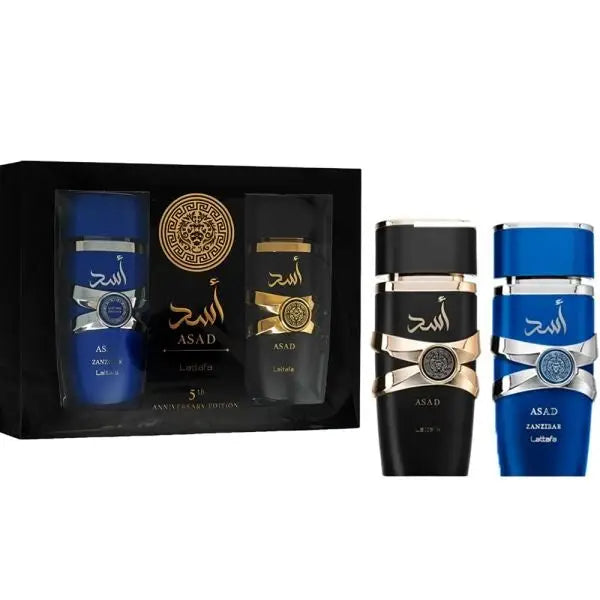 Blauwe en zwarte asad parfumflessen met gouden accenten in een cadeauverpakking asad 5de jubileum geschenkset 2 stuks