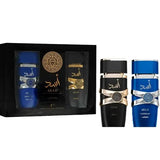 Blauwe en zwarte Asad parfumflessen met gouden accenten in giftbox Asad vijfde jubileum geschenkset 2 stuks