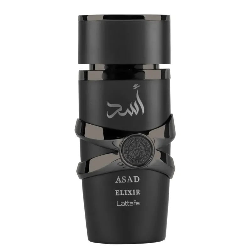 Zwarte Asad Elixir-parfumfles met zilveren accenten en Arabisch schrift