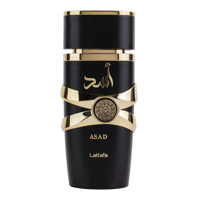 Zwart en goud parfumfles van Lattafa Parfum Asad etalage