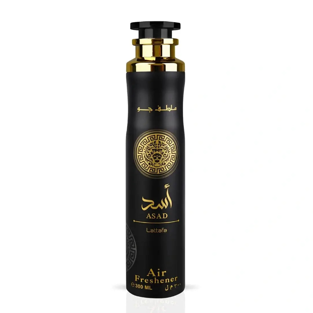 Zwarte cilindrische luchtverfrisser Asad 300ml met gouden accenten arabische tekst en gouden leeuwembleem