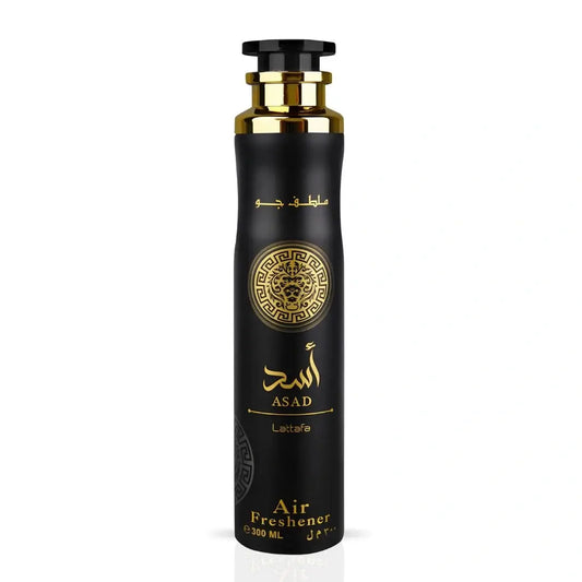 Zwarte cilindrische luchtverfrisser Asad 300ml met gouden accenten arabische tekst en gouden leeuwembleem