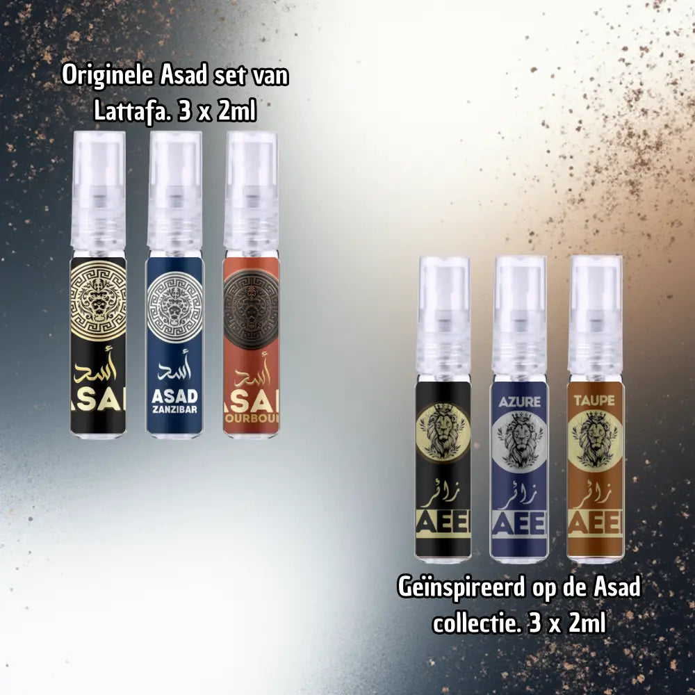 Drie mini sprayflessen uit de lattafa asad collectie met zwarte, blauwe en oranje labels en metallic accenten