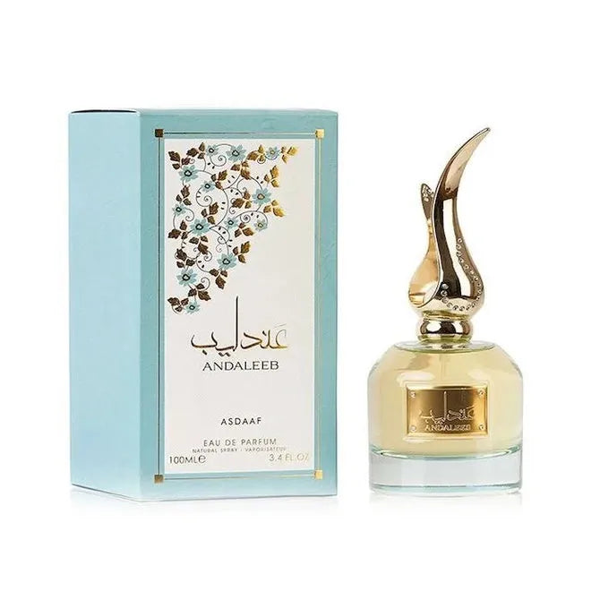 Decoratieve parfumfles met Arabische tekst en bloemenverpakking van Asdaaf Parfum Andaleeb Lattafa