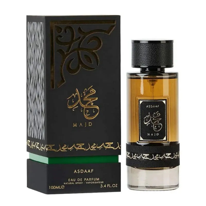 Perfume bottle en doos met Arabische kalligrafie van Asdaaf Parfum Majd Lattafa