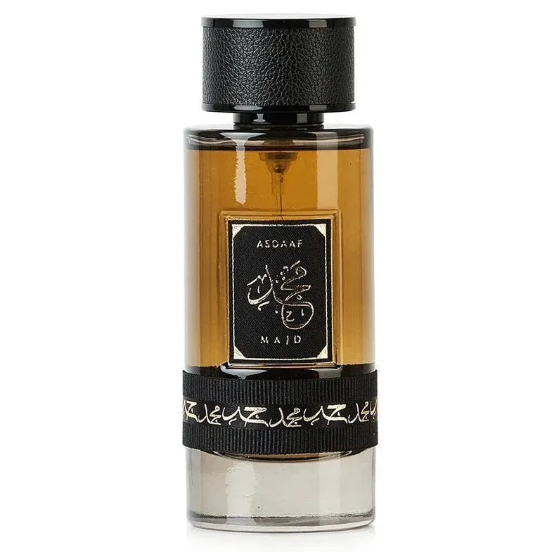 Amberkleurige parfumfles met Arabische calligrafie voor Asdaaf Parfum Majd Lattafa