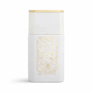 Een strak wit rechthoekig parfumflesje attar al layal white edp 100 ml met een gouden dop en een gouden bloemmotief label