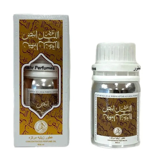 Zilveren flesje attar al layal white parfumolie 50 ml van akhr perfumes met witte attar geur