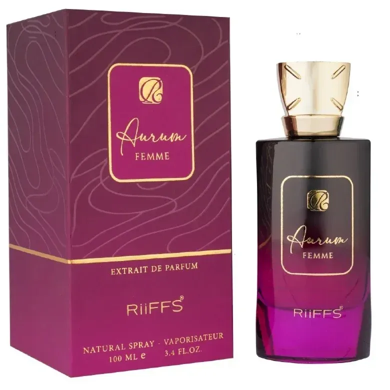 Aurum Femme parfumflesje met paarse en gouden kleur en bijpassende verpakking