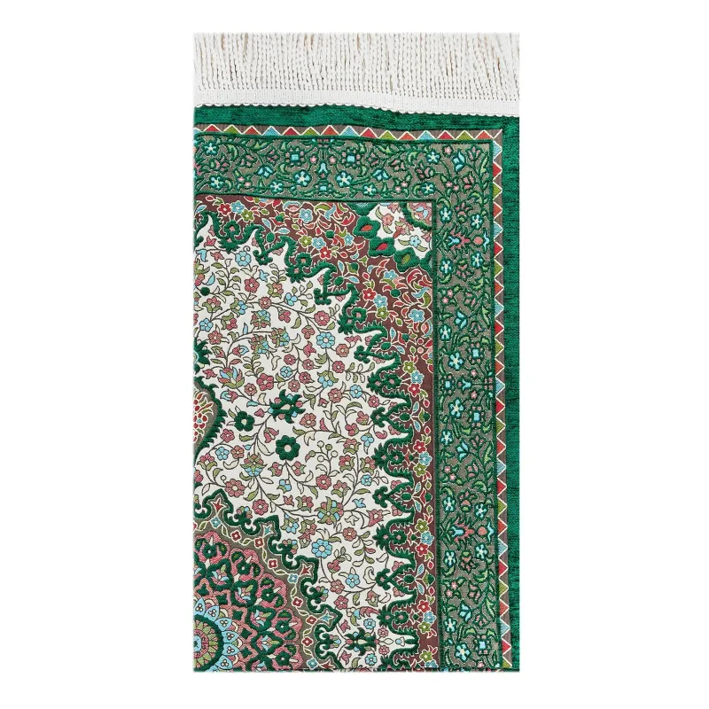 Authentiek groen chenille gebedskleed met groen-wit patroon en franjes