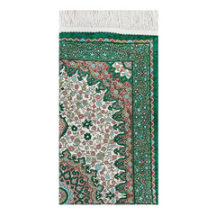 Authentiek groen chenille gebedskleed met groen-wit patroon en franjes