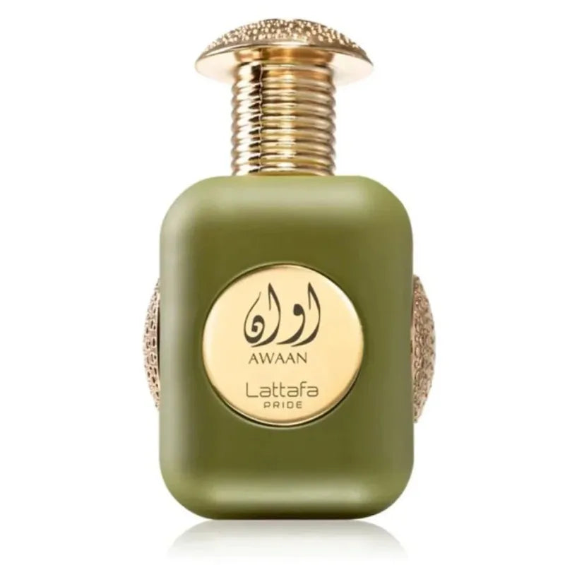Lattafa Pride olijfgroene parfumfles met gouden accenten, Awaan