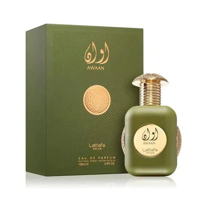 Groene fles met gouden dop Awaan parfum, Lattafa Parfum originele eau Arabische merk