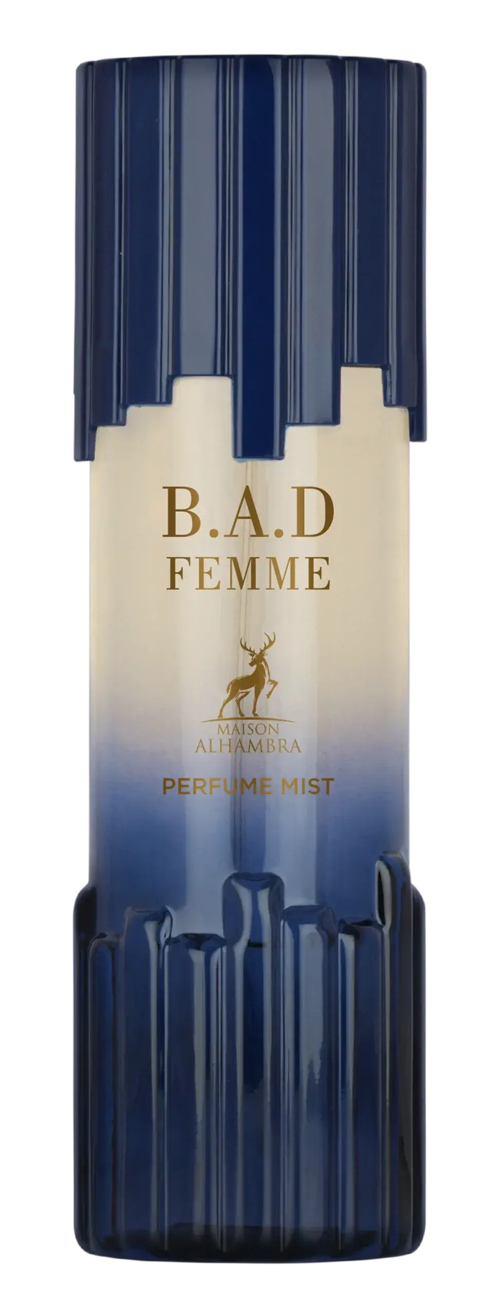 Een slanke verticale fles b.a.d femme body mist van maison altamara met een blauw-cream kleurig label en gouden letters