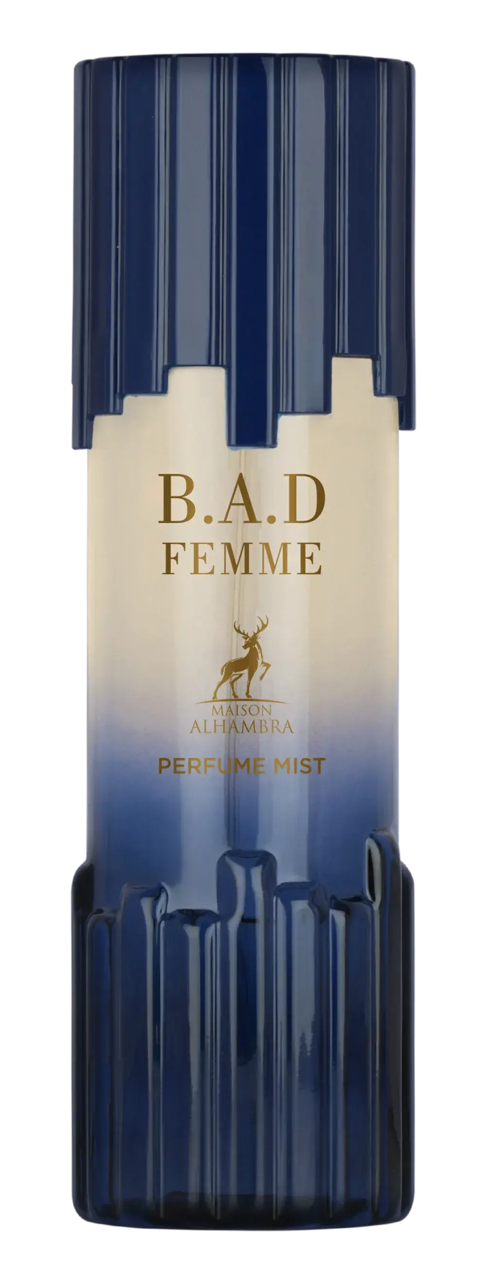 Een slanke verticale fles b.a.d. femme body mist van maison al haramia met een blauw-crème label en gouden letters