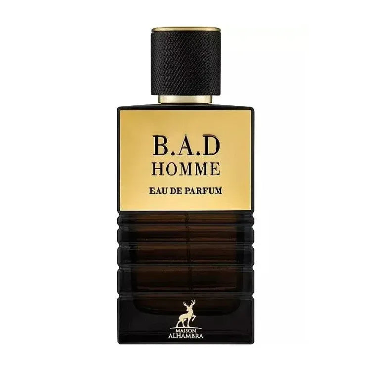 Zwart en gouden parfumfles B.A.D HOMME Eau de Parfum van Arabische merk Maison