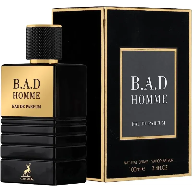 Zwart-gouden cologne fles B.A.D HOMME van arabische merk Maison met bijpassende doos