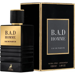 Zwart-gouden cologne fles B.A.D HOMME van arabische merk Maison met bijpassende doos