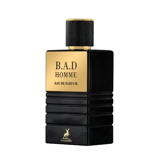 Zwarte en gouden parfumfles van B.A.D Homme, een origineel Arabische merk Maison