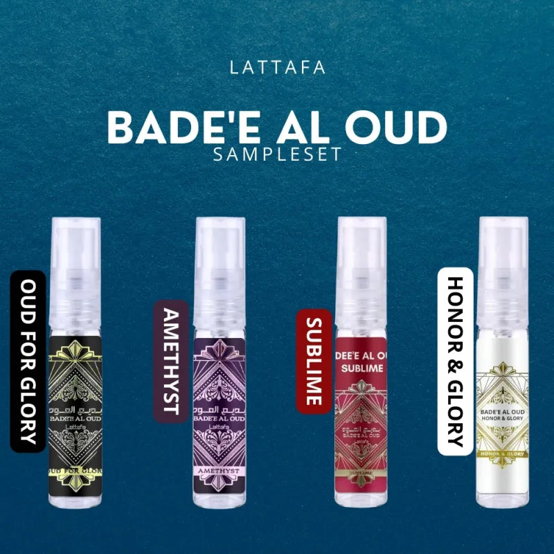 Vier parfumflessen van de Lattafa Bade’e Al Oud samples a 2ml in mooie cadeaudoosje