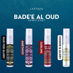 Vier parfumflessen van de Lattafa Bade’e Al Oud samples a 2ml in mooie cadeaudoosje