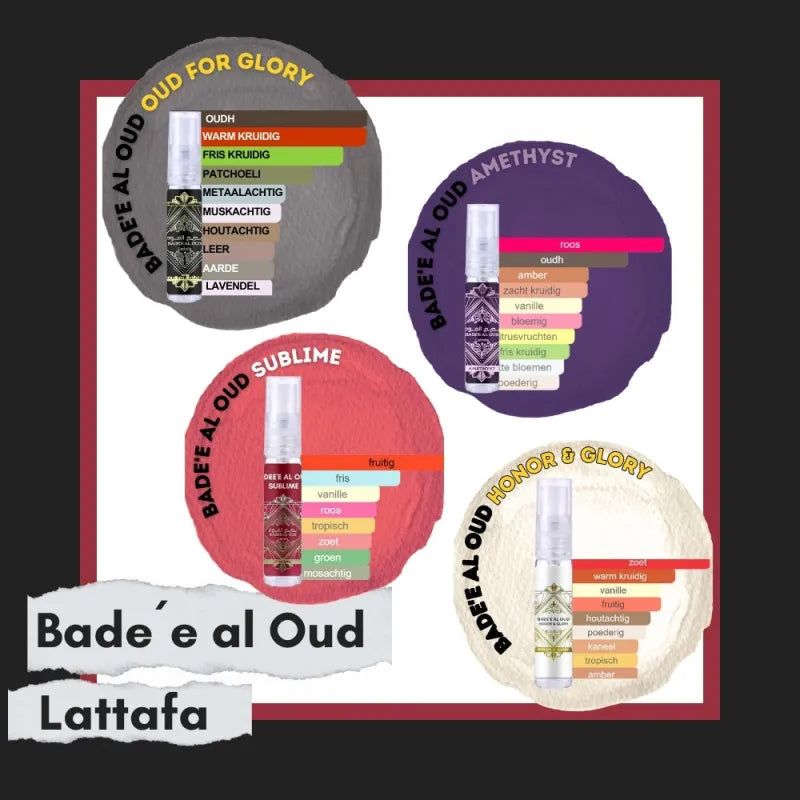 Productadvertentie van het Bade’e al Oud Sampleset met vier cirkeldiagrammen voor geur