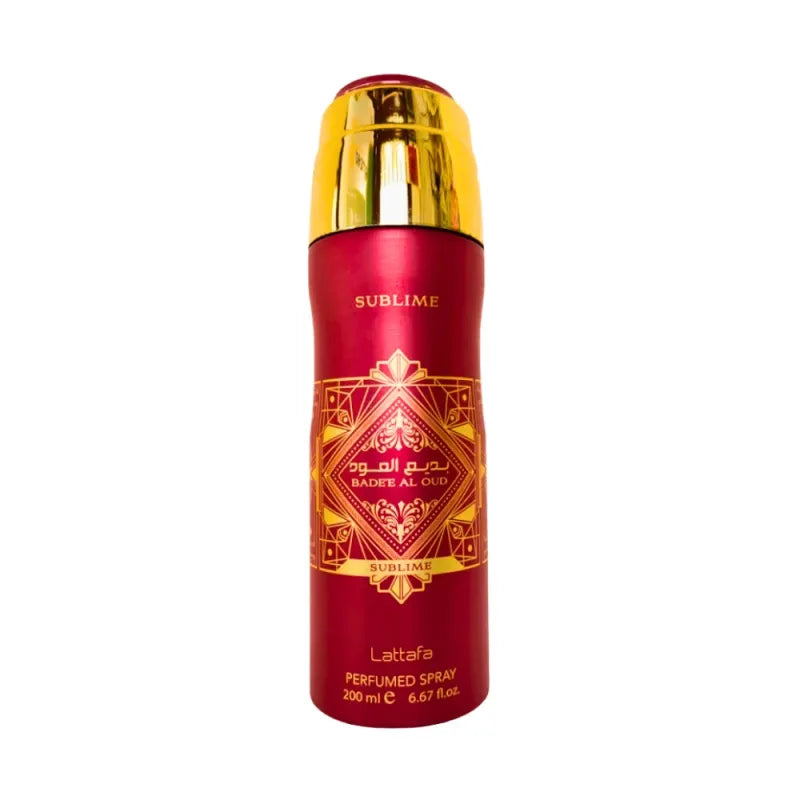 Rode en gouden parfum spraycan van Badee al Oud Sublime Deodorant