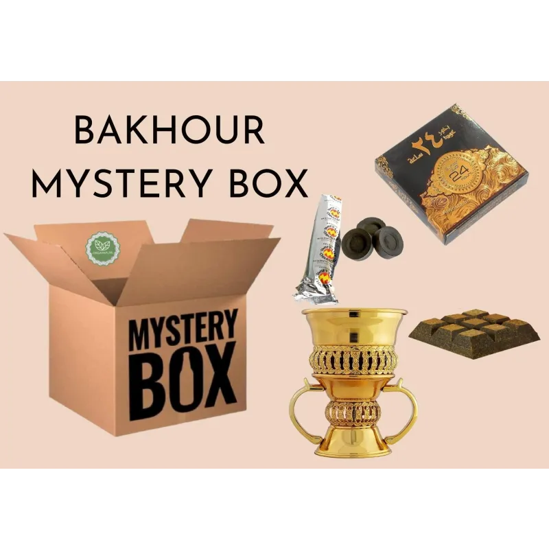 Bakhour Mystery Box met diverse bakhoor-gerelateerde items voor een mysterieus aroma-ervaring