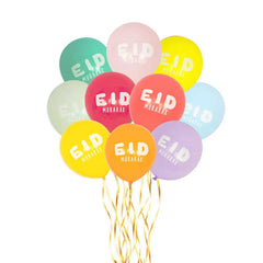 Kleurrijke ballonnen met EID MUBARAK tekst en gouden linten voor kleurrijk kids