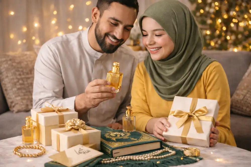 Gouden parfumfles met een facetgeslepen glazen body en een bijpassende gouden dop.