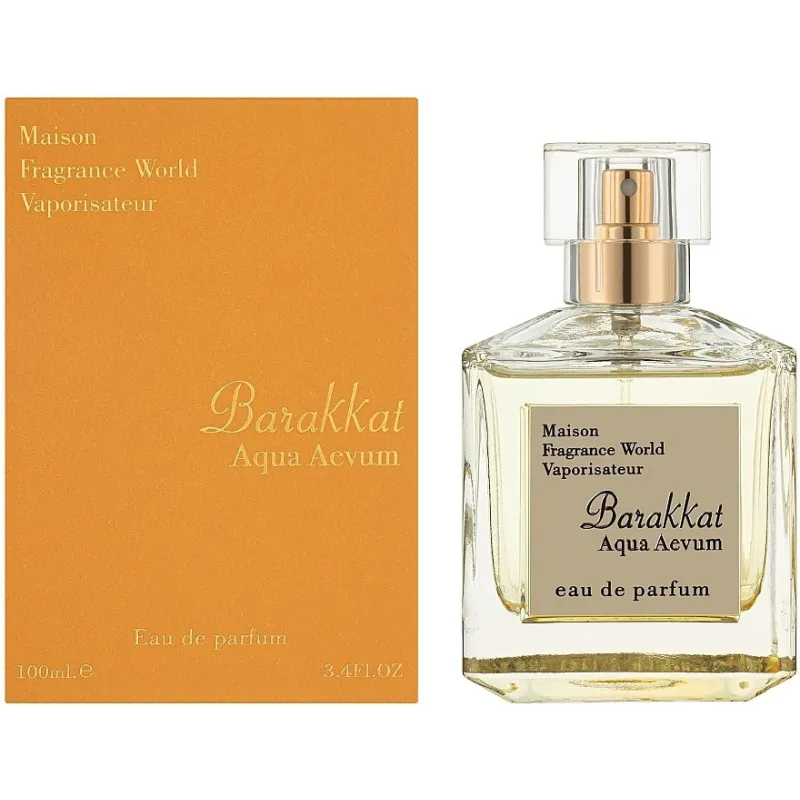 Perfume bottle and orange box labeled Barakkat Aqua Aevum by Maison Fragrance World