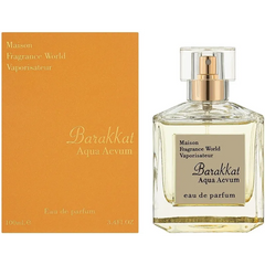 Perfume bottle and orange box labeled Barakkat Aqua Aevum by Maison Fragrance World