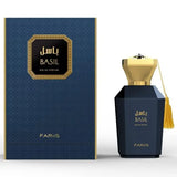 Donkerblauwe, facetten glazen fles basil edp met goudkleurige geometrische dop en bijpassende kwast