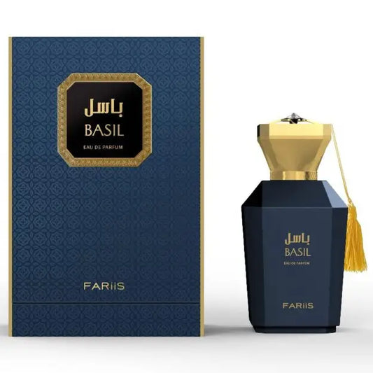 Donkerblauwe, facetten glazen fles basil edp met goudkleurige geometrische dop en bijpassende kwast