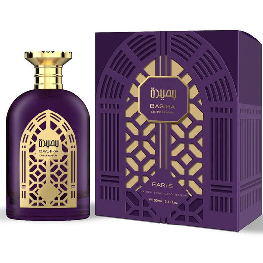 Dieppaarse glazen fles met gouden geometrische details en gouden dop met de basira geur van fariis basira edp