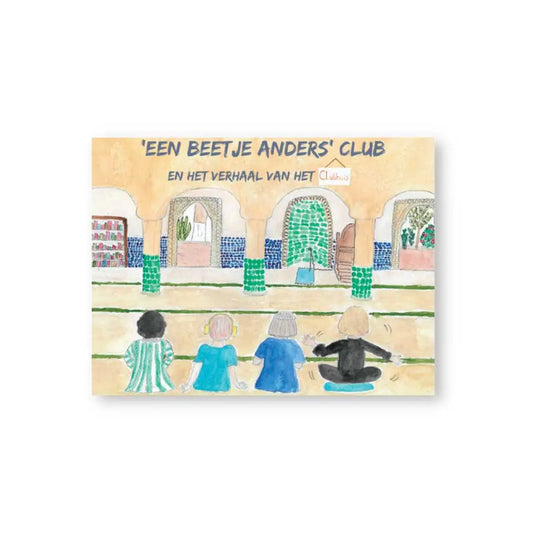 Waterverfillustratie boekcover van een beetje anders club met vier kinderen voor blauwe en groene tegels