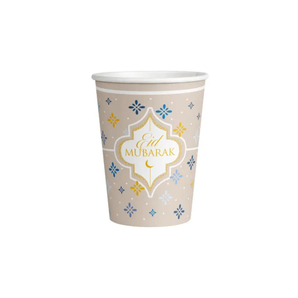 Beige papieren beker met goud en blauwe bloemenpatronen en eid mubarak ontwerp bekers eid mubarak eastern gold 8 stuks