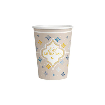 Beige papieren beker met goud en blauwe bloemenpatronen en eid mubarak ontwerp bekers eid mubarak eastern gold 8 stuks