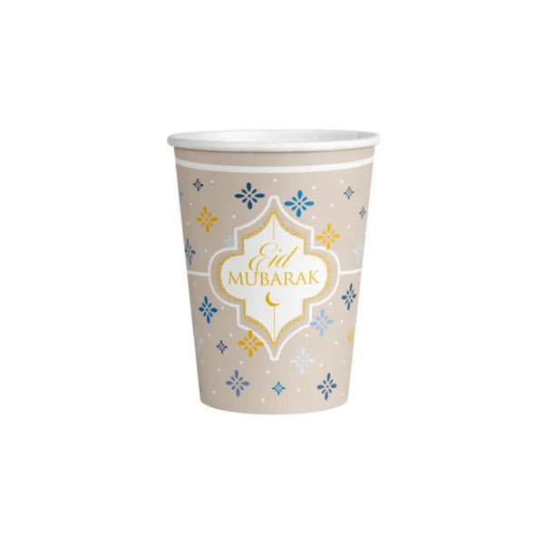 Beige papieren beker met goud en blauwe bloemenpatronen en eid mubarak ontwerp bekers eid mubarak eastern gold 8 stuks