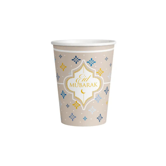 Beige papieren beker met goud en blauwe bloemenpatronen en eid mubarak ontwerp bekers eid mubarak eastern gold 8 stuks
