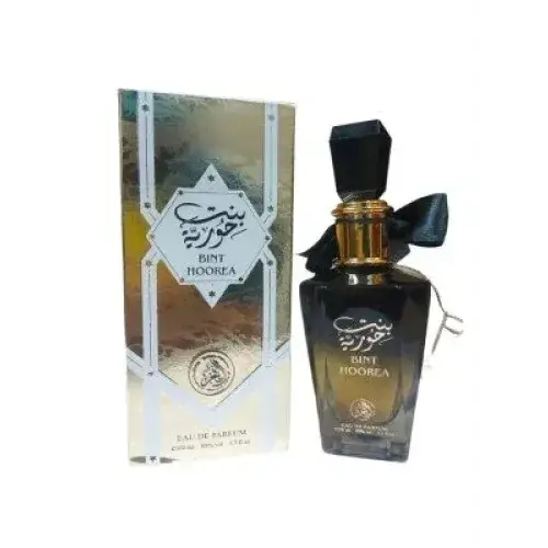 Donkere glazen fles bint hoorea eau de parfum met zwarte geslepen dop gouden accenten en elegant zwart lint