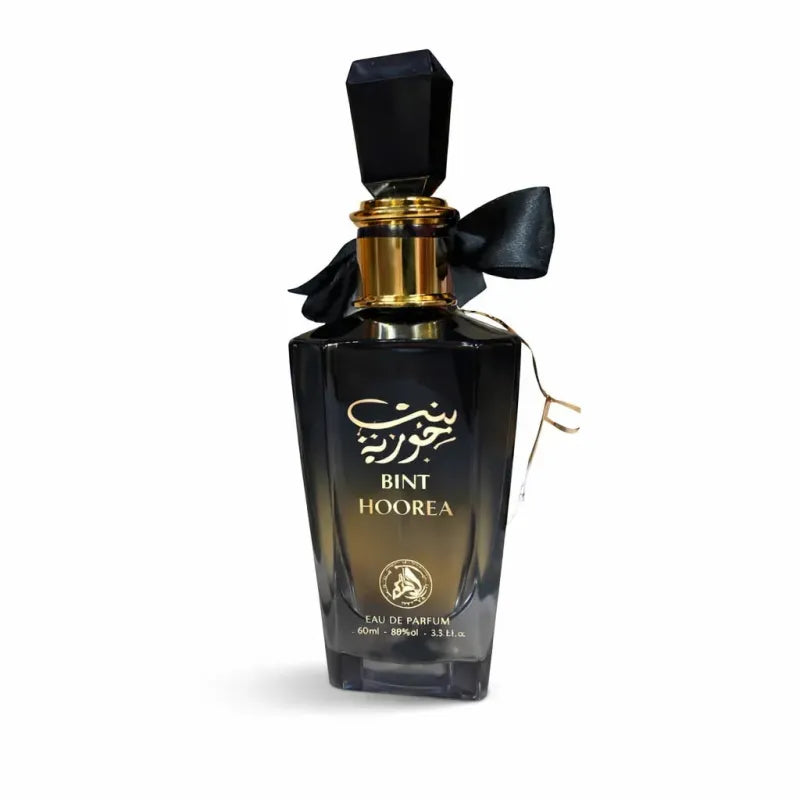 Zwarte glazen parfumfles met gouden accenten en zwarte strik bint hoorea eau de parfum al fakhr