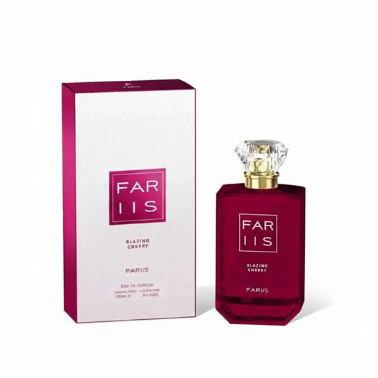 Dieprode, gefacetteerde glazen fles fariis blazing cherry eau de parfum met kristalachtige dop en gouden accenten