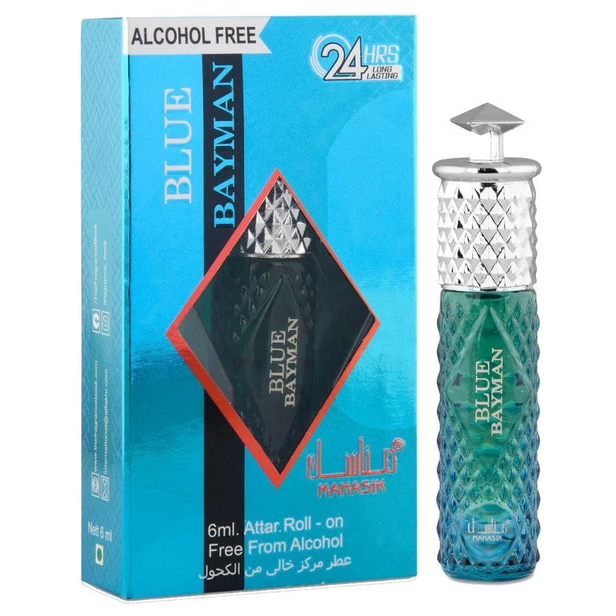 Alcoholvrije parfum roll-on fles in groen en zilver, Blue Bayman Manasik